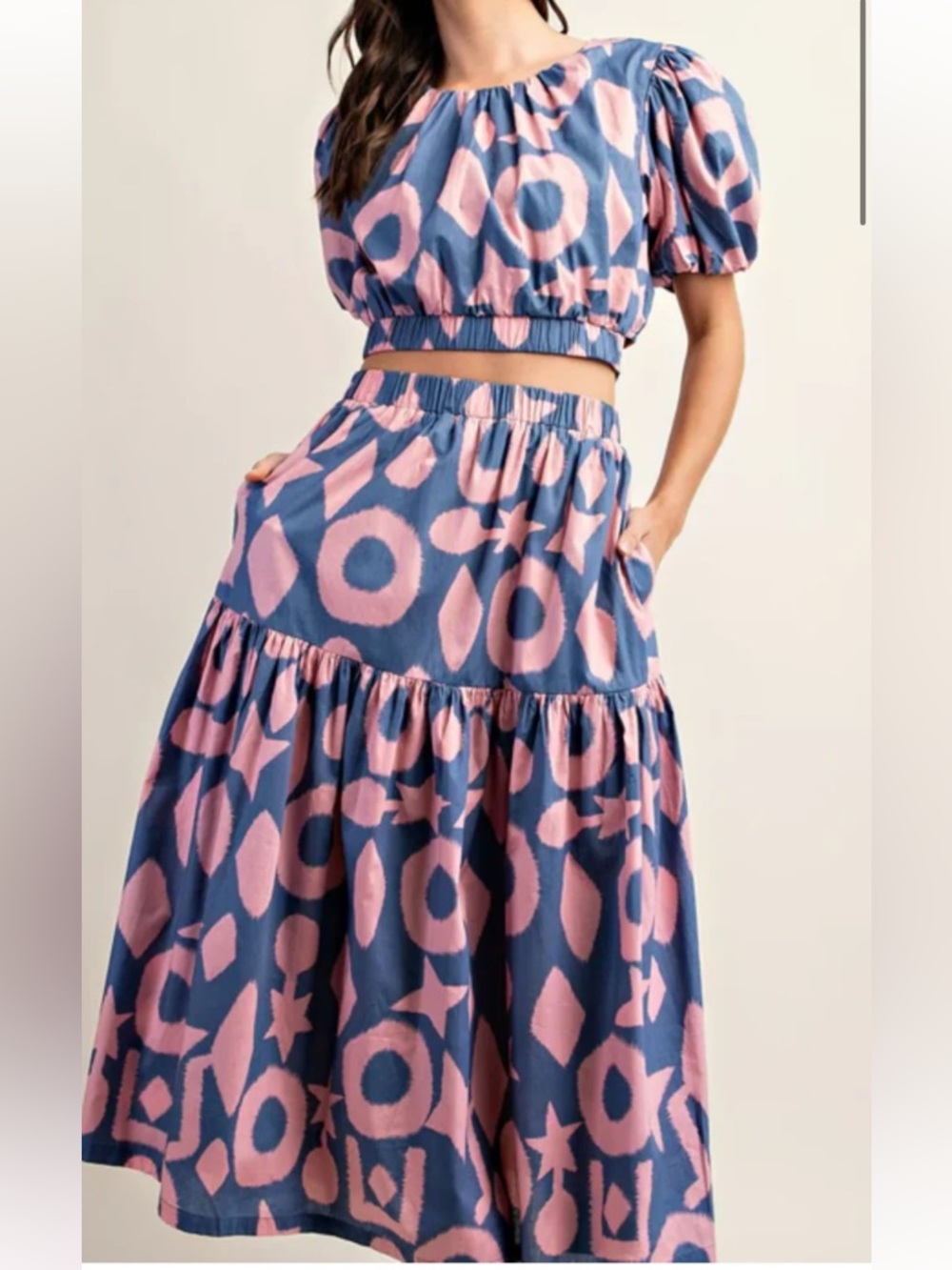 Blue and pink Two piece tiered skirt set with matching crop top